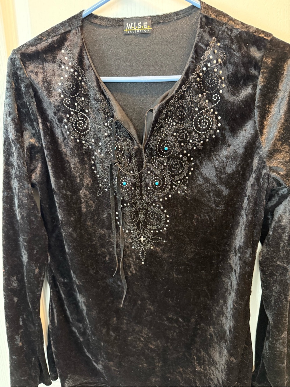 Black Velvet Embellished Tie-Neck Tunic